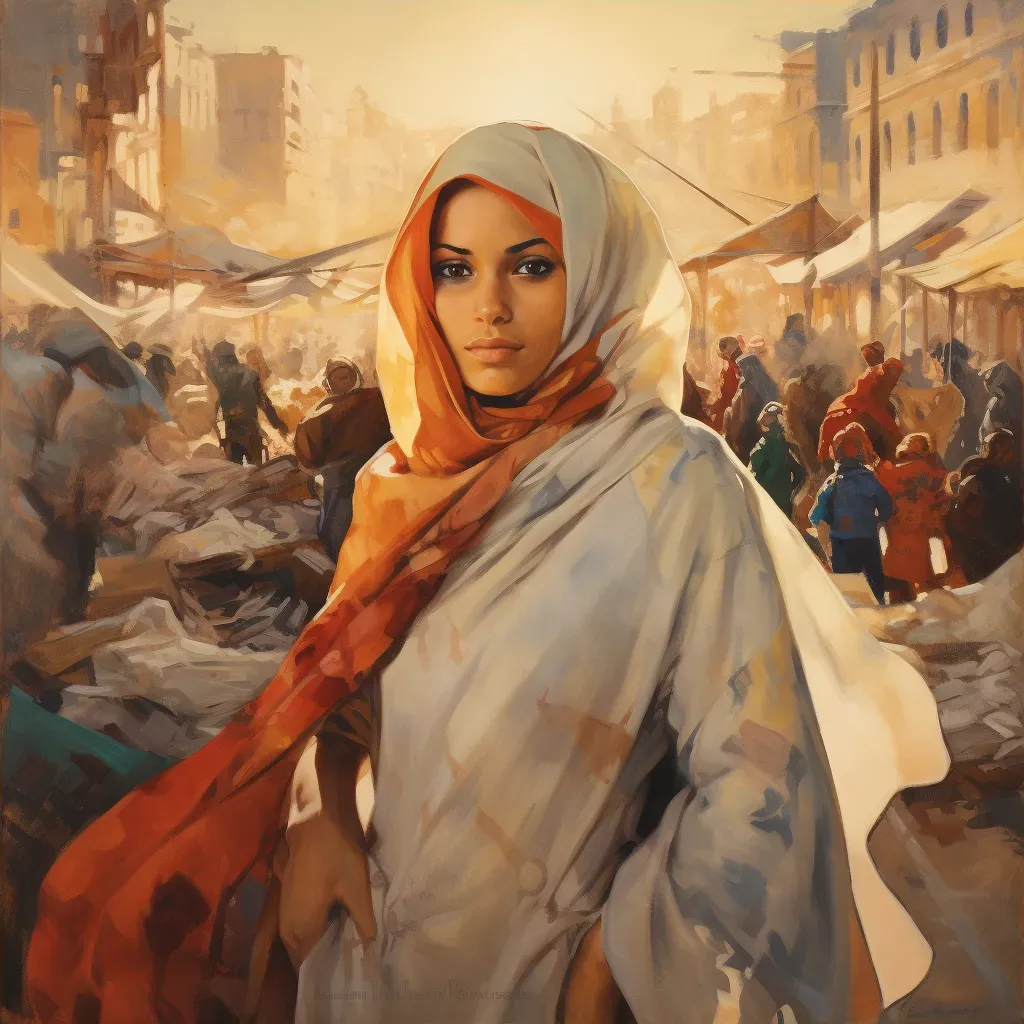 Woman in a hijab at a sunset market in a bustling market - Image 4