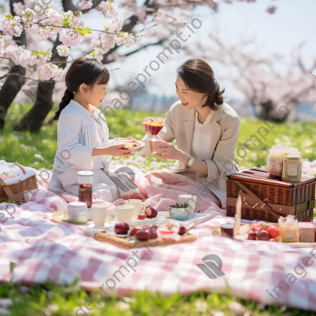 Family enjoying a picnic under a cherry blossom tree in spring - Image 1