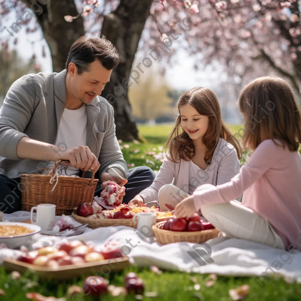 Family enjoying a picnic under a cherry blossom tree in spring - Image 2