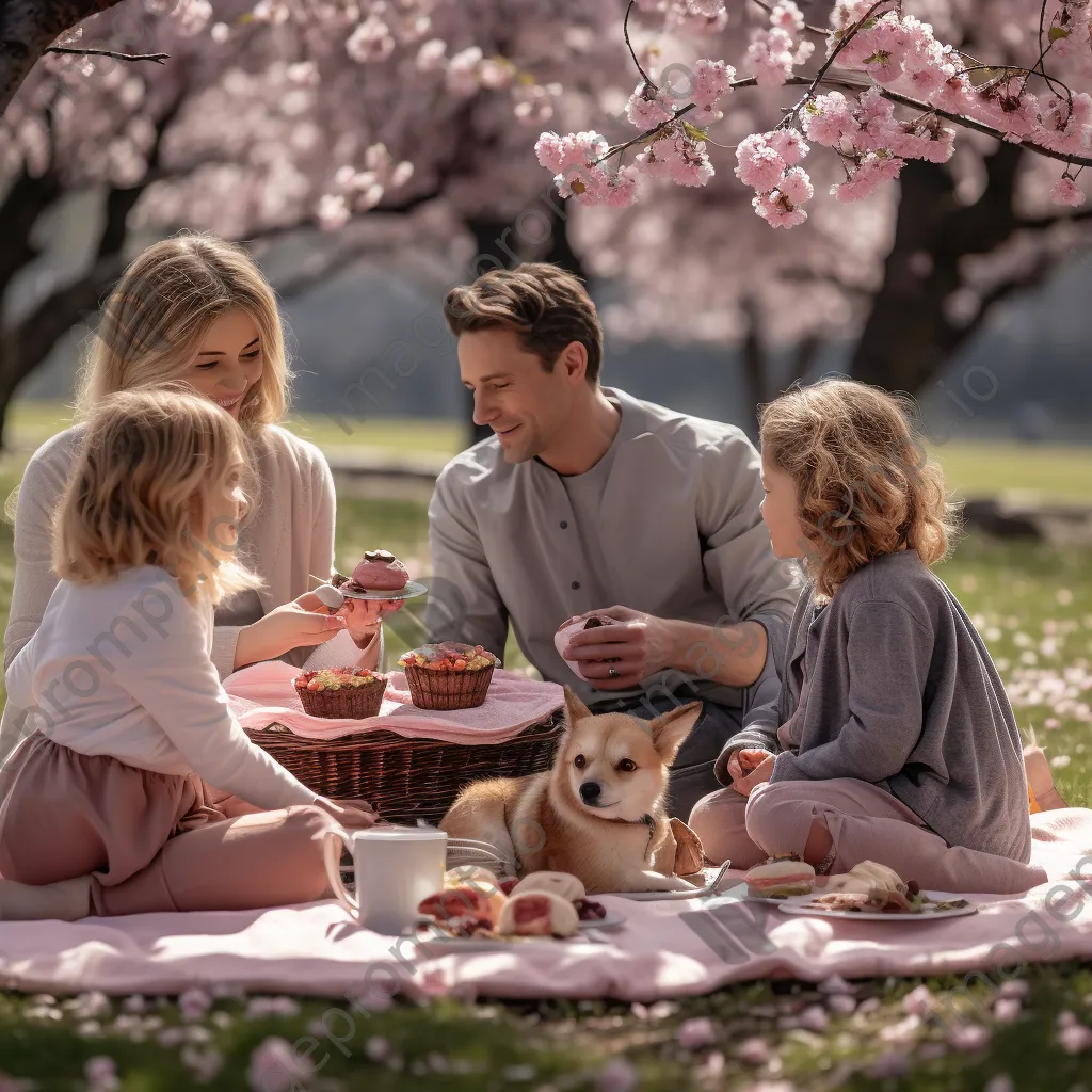 Family enjoying a picnic under a cherry blossom tree in spring - Image 3