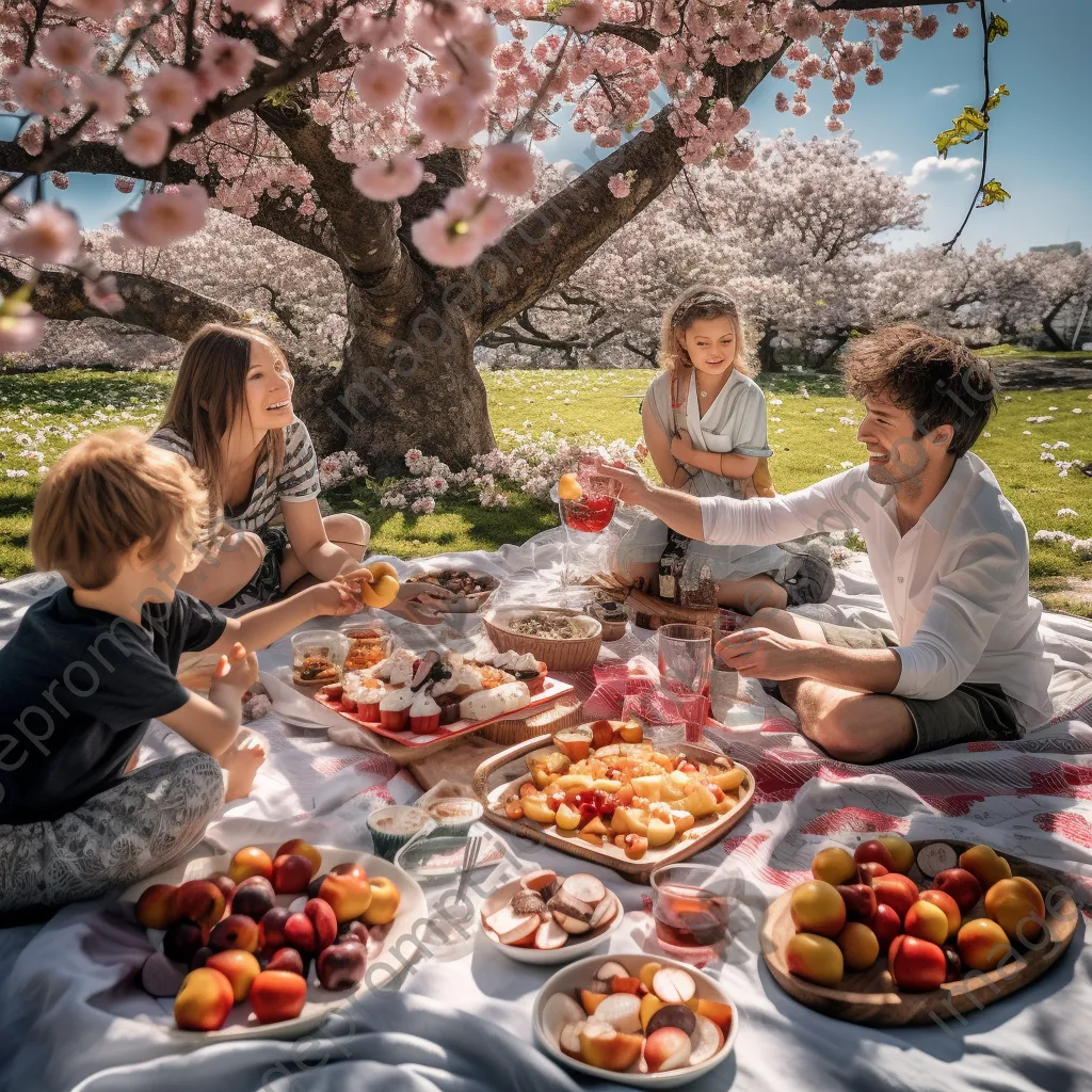 Family enjoying a picnic under a cherry blossom tree in spring - Image 4