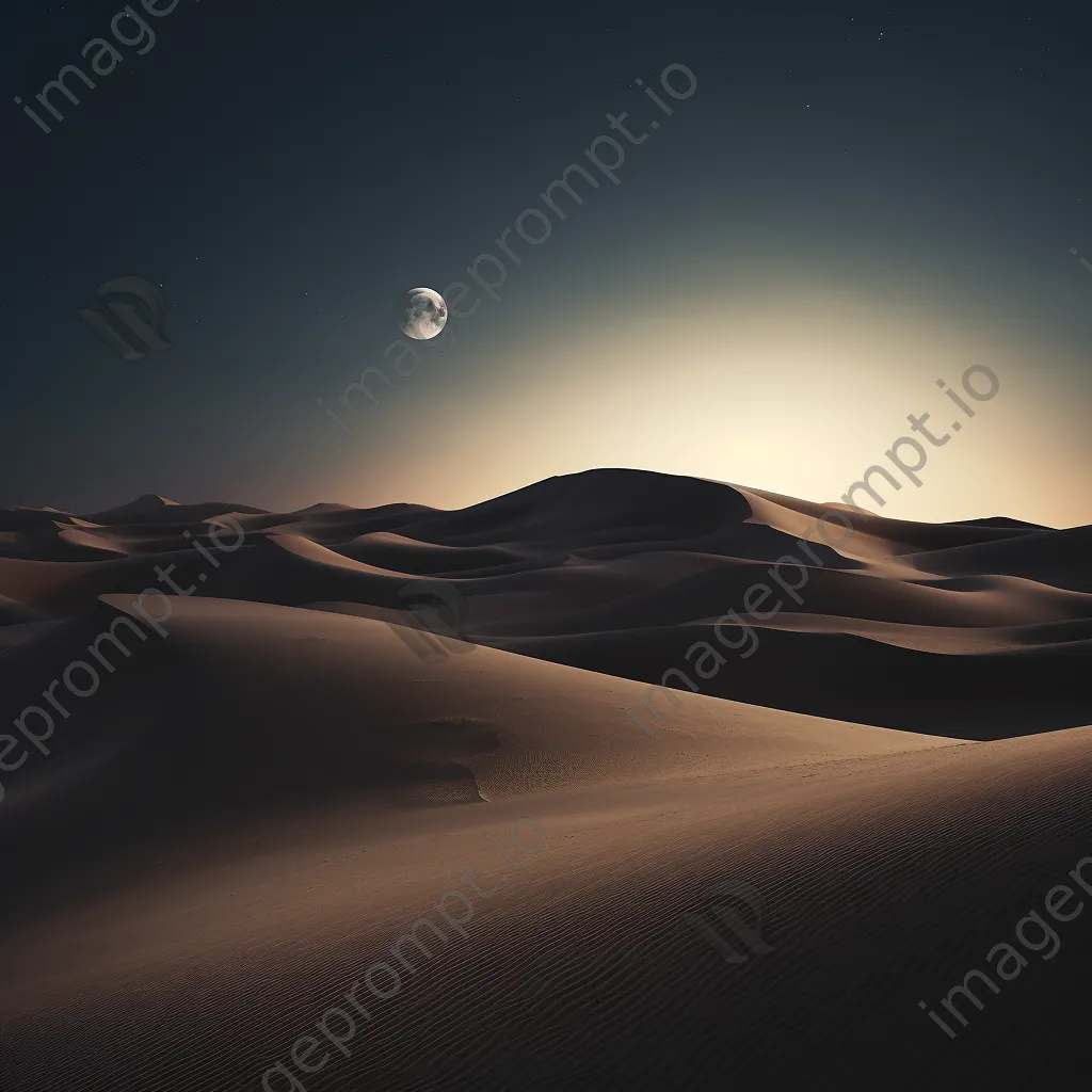 Rolling sand dunes illuminated by full moonlight in a desert landscape. - Image 1