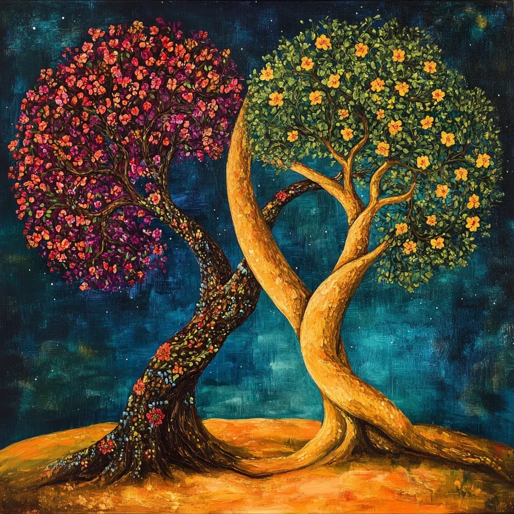 Acrylic painting of a pair of intertwined trees symbolizing the endurance of love through seasons - Image 1