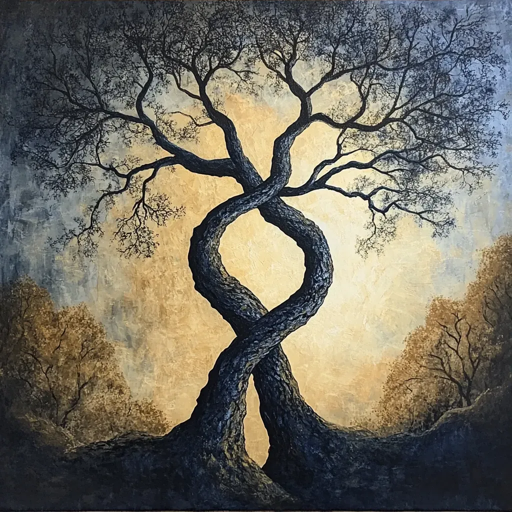 Acrylic painting of a pair of intertwined trees symbolizing the endurance of love through seasons - Image 3