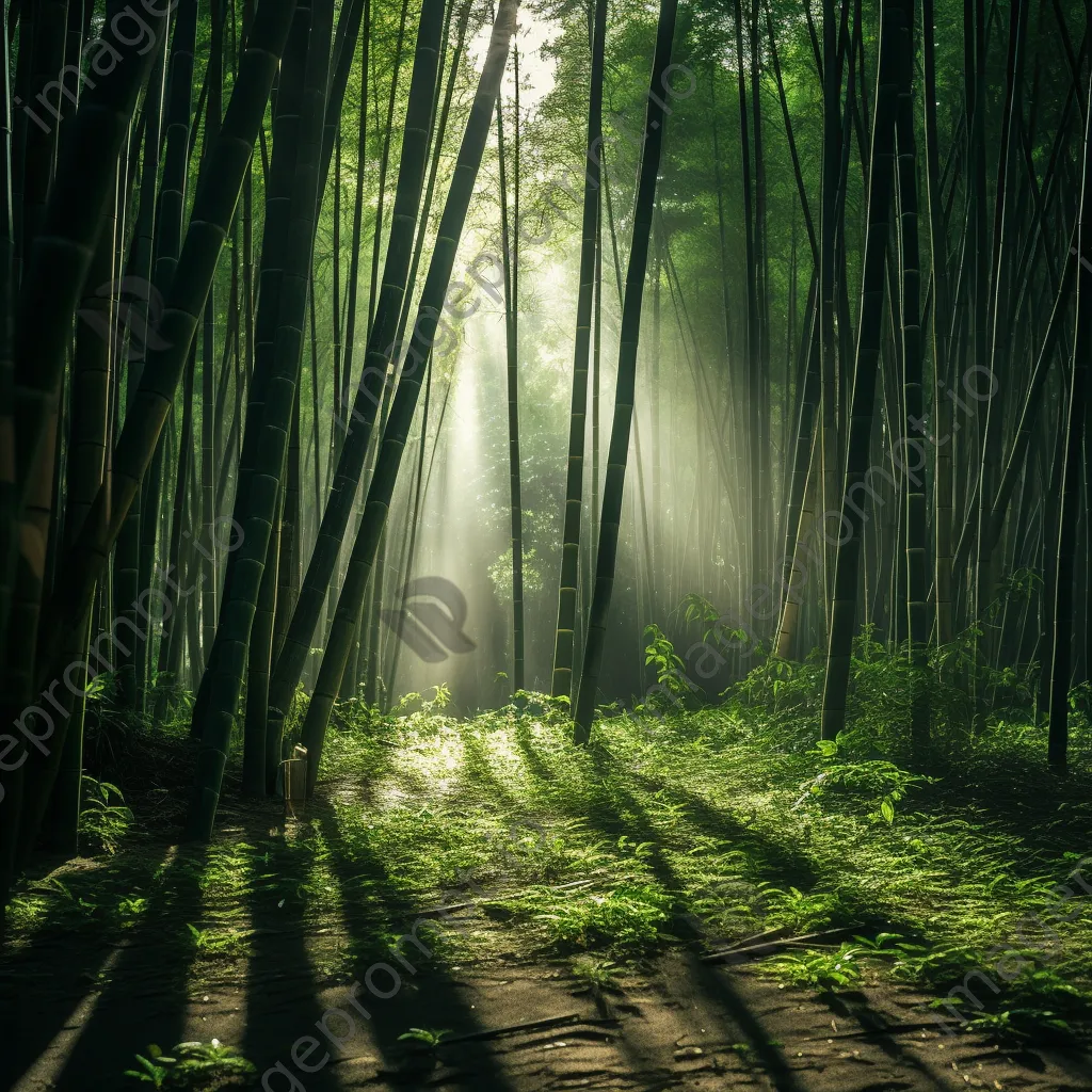 Sunlit bamboo forest with shadows on the ground - Image 1