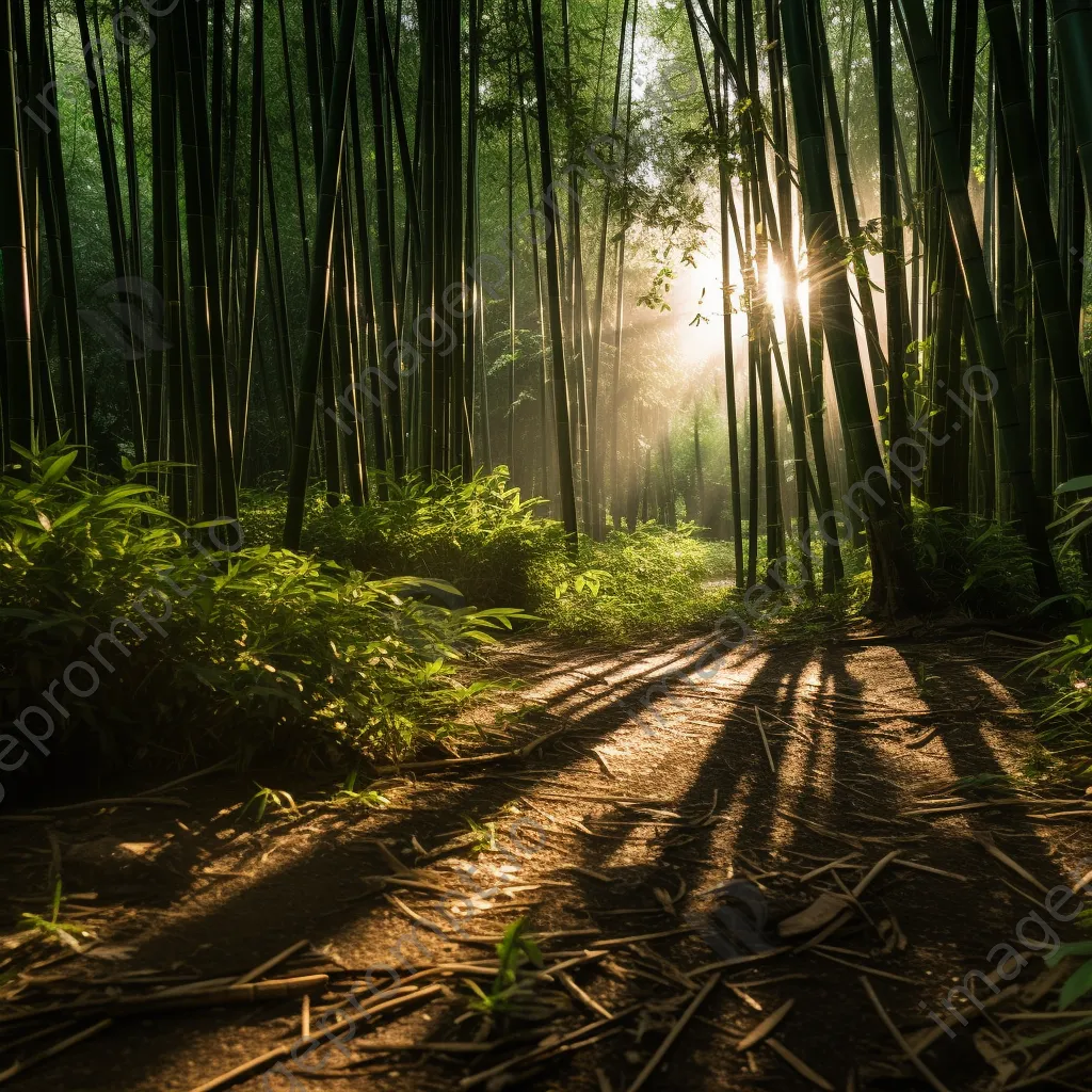 Sunlit bamboo forest with shadows on the ground - Image 3