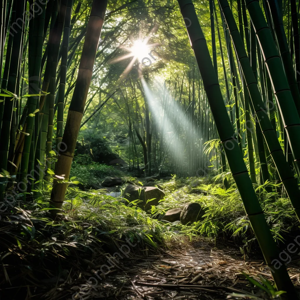 Sunlit bamboo forest with shadows on the ground - Image 4