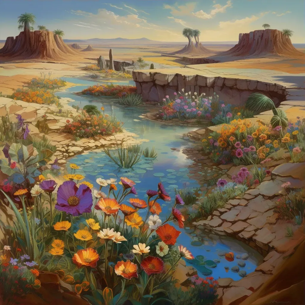 Visual of a barren desert transformed into a blooming oasis - Image 3