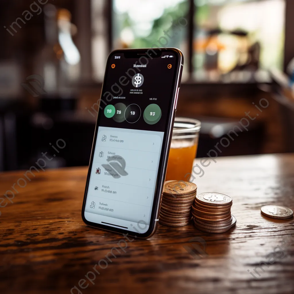 Smartphone featuring a digital payment app next to cryptocurrency coins on a wooden table with warm lighting. - Image 1