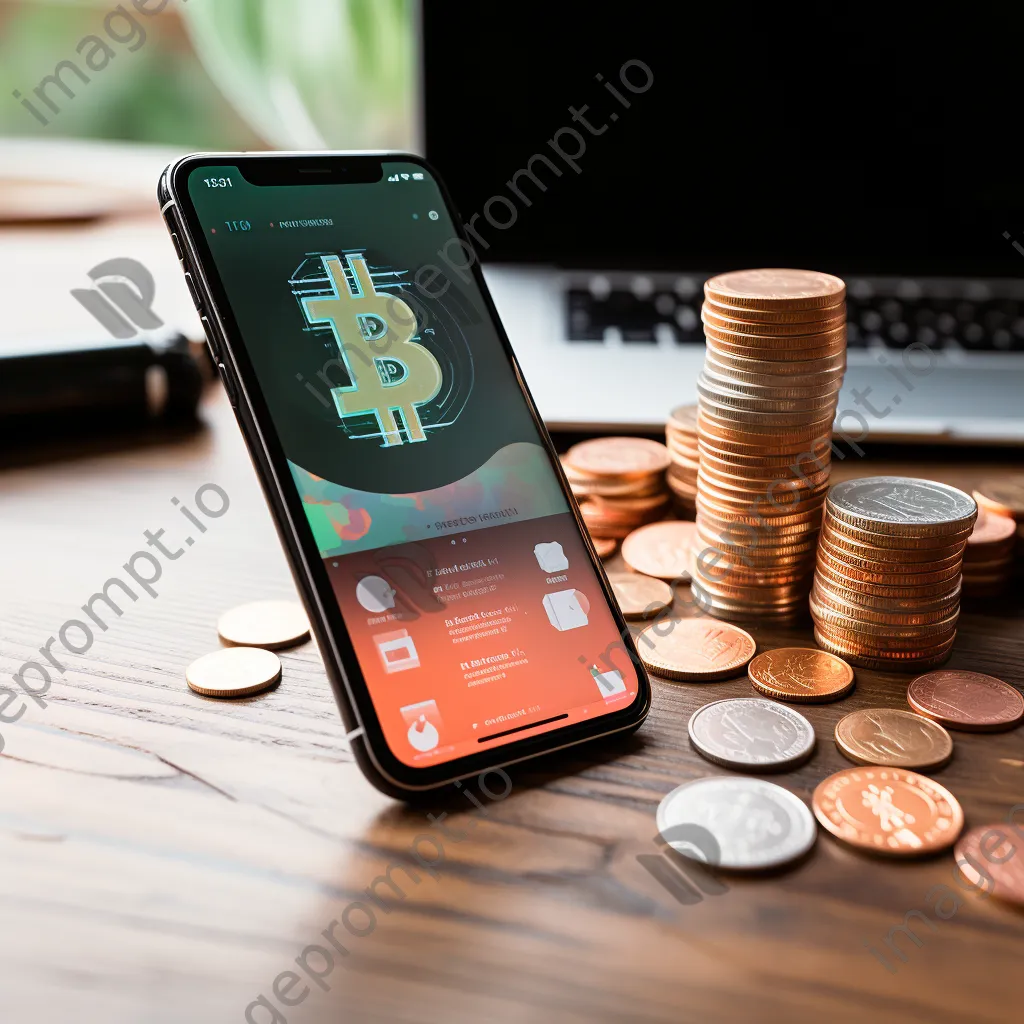 Smartphone featuring a digital payment app next to cryptocurrency coins on a wooden table with warm lighting. - Image 2