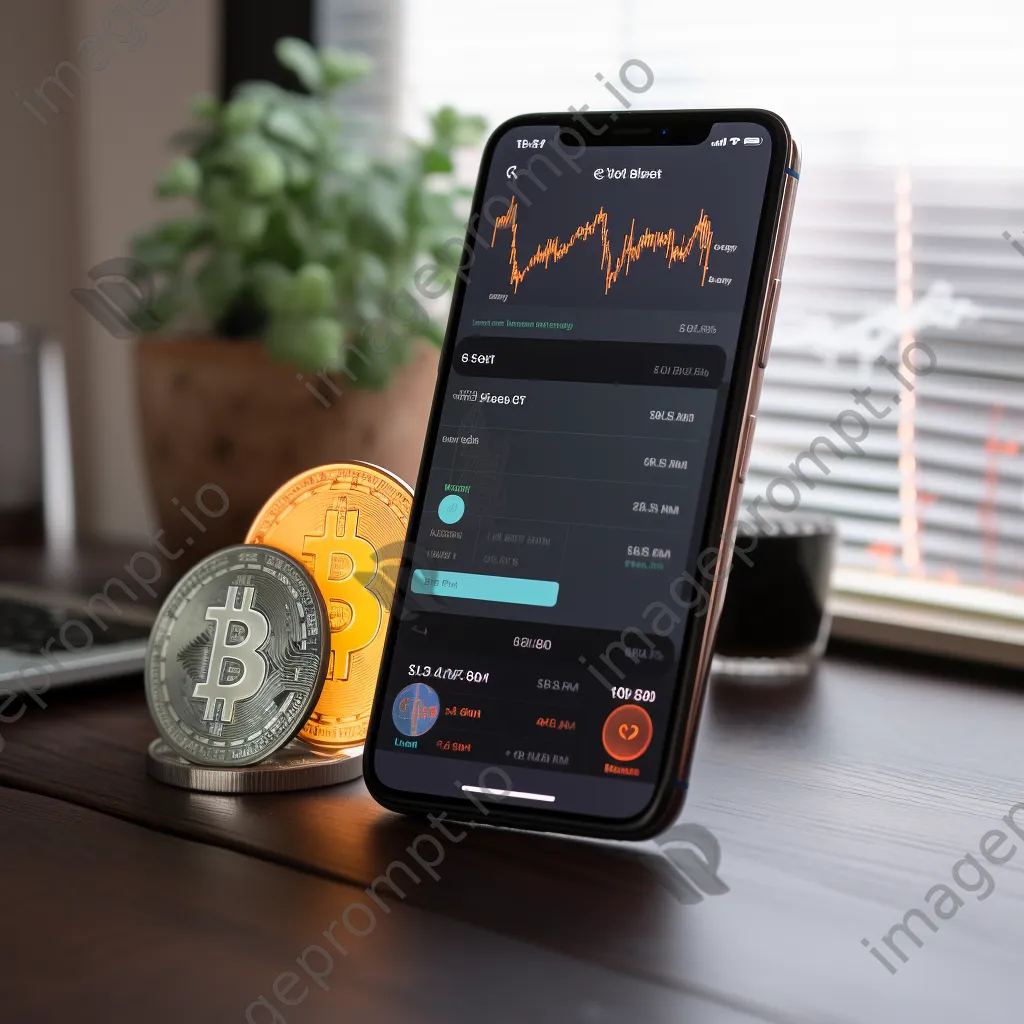 Smartphone featuring a digital payment app next to cryptocurrency coins on a wooden table with warm lighting. - Image 3