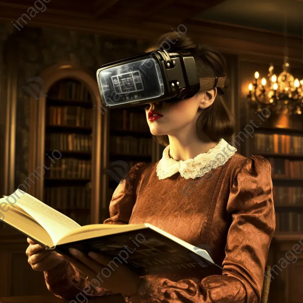 Artwork of a virtual reality book club, where members read from digital parchments using augmented reality spectacles - Image 1