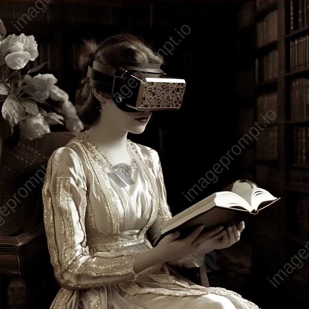 Artwork of a virtual reality book club, where members read from digital parchments using augmented reality spectacles - Image 4