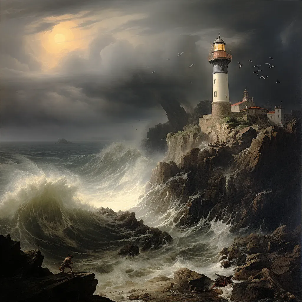 Image of a majestic lighthouse standing on a rugged cliff, its light piercing through dense fog at dusk - Image 1