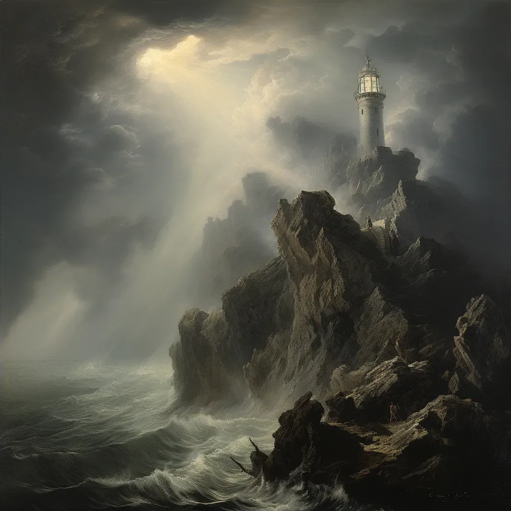 Image of a majestic lighthouse standing on a rugged cliff, its light piercing through dense fog at dusk - Image 2