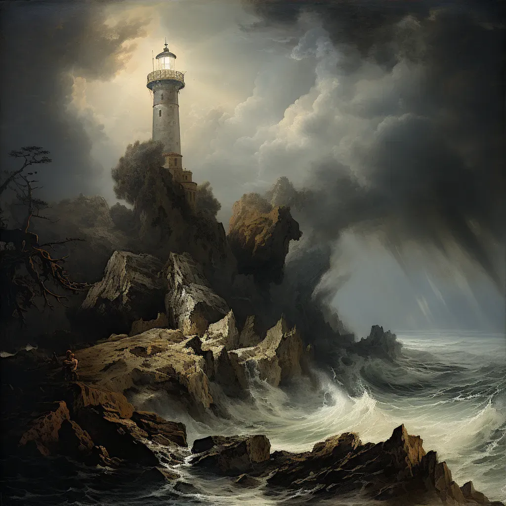 Image of a majestic lighthouse standing on a rugged cliff, its light piercing through dense fog at dusk - Image 3