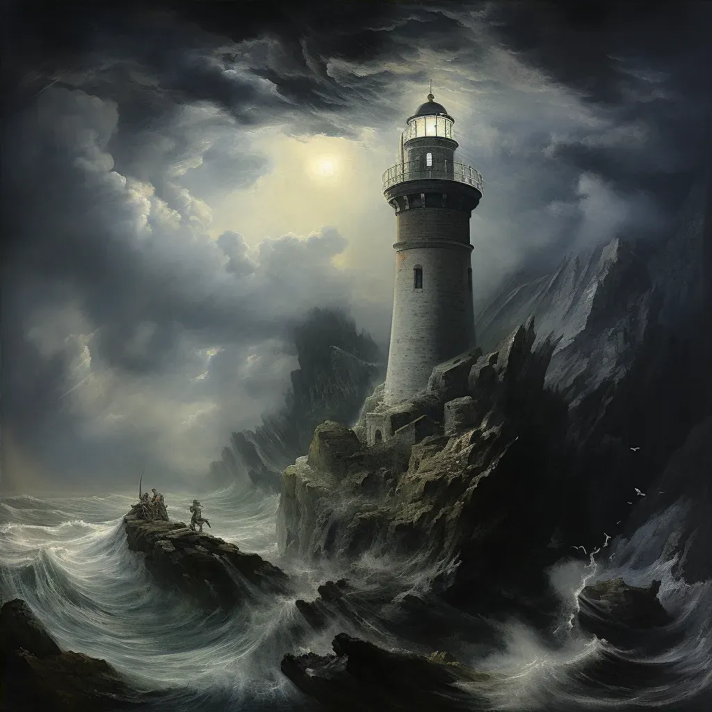 Image of a majestic lighthouse standing on a rugged cliff, its light piercing through dense fog at dusk - Image 4