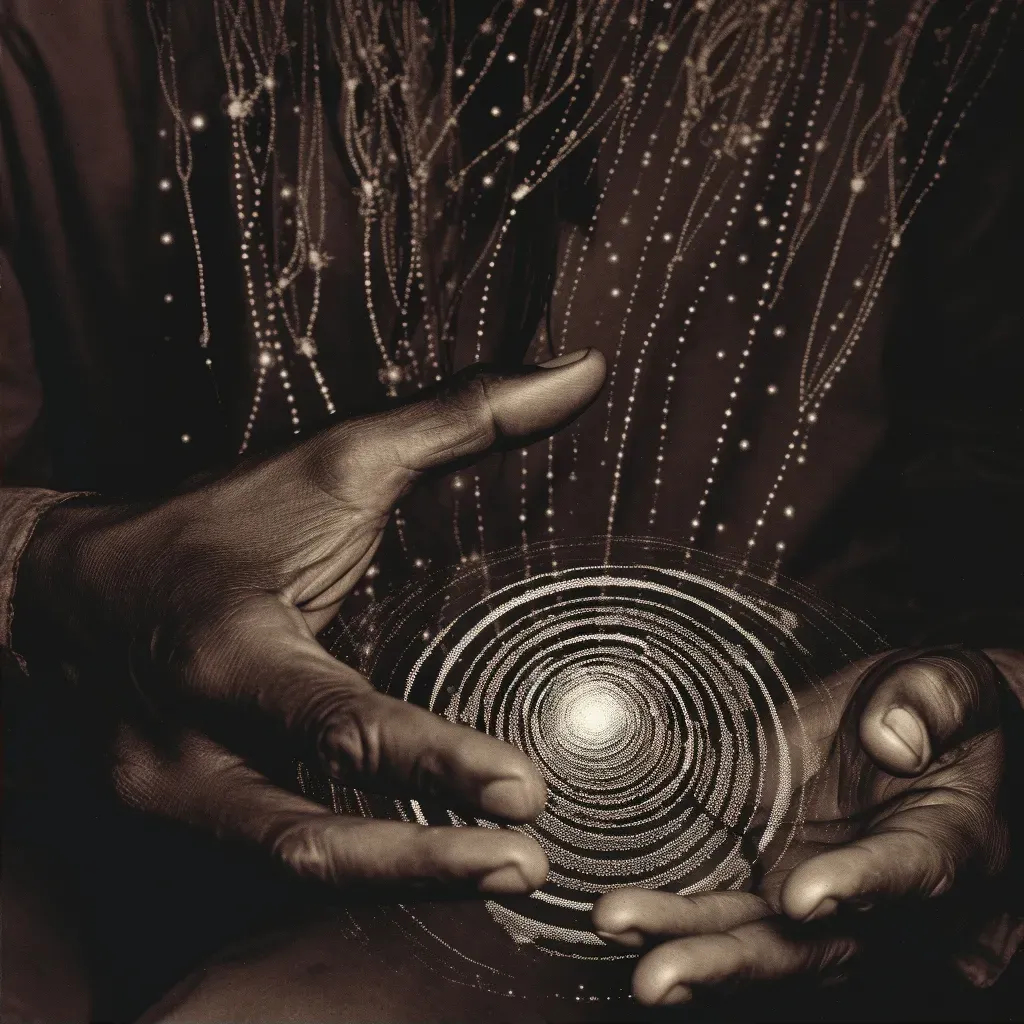 Palmist studying a hand with life lines spiraling into a starry universe - Image 2