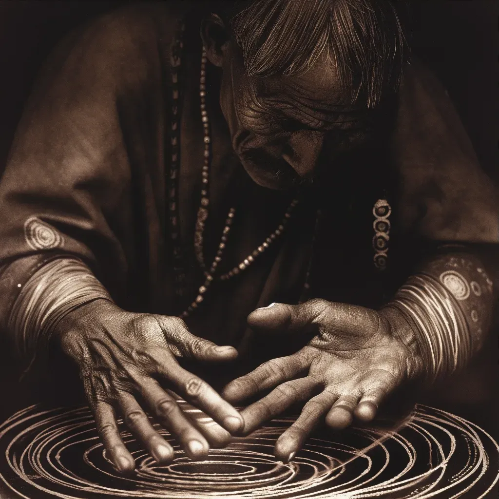 Palmist studying a hand with life lines spiraling into a starry universe - Image 3