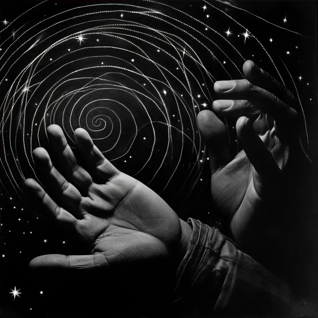 Palmist studying a hand with life lines spiraling into a starry universe - Image 4