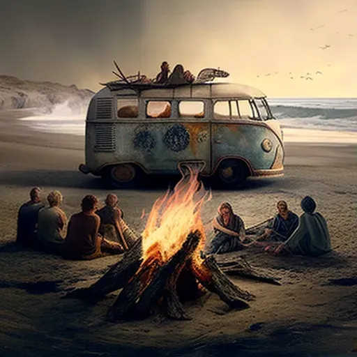 Friends around bonfire with vintage surf van on beach - Image 1