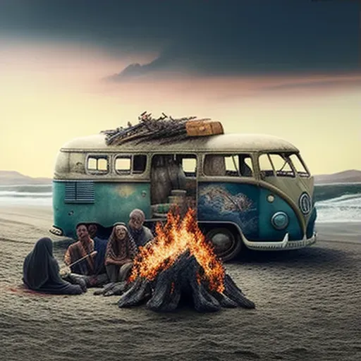 Friends around bonfire with vintage surf van on beach - Image 3