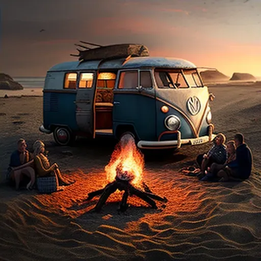 Friends around bonfire with vintage surf van on beach - Image 4