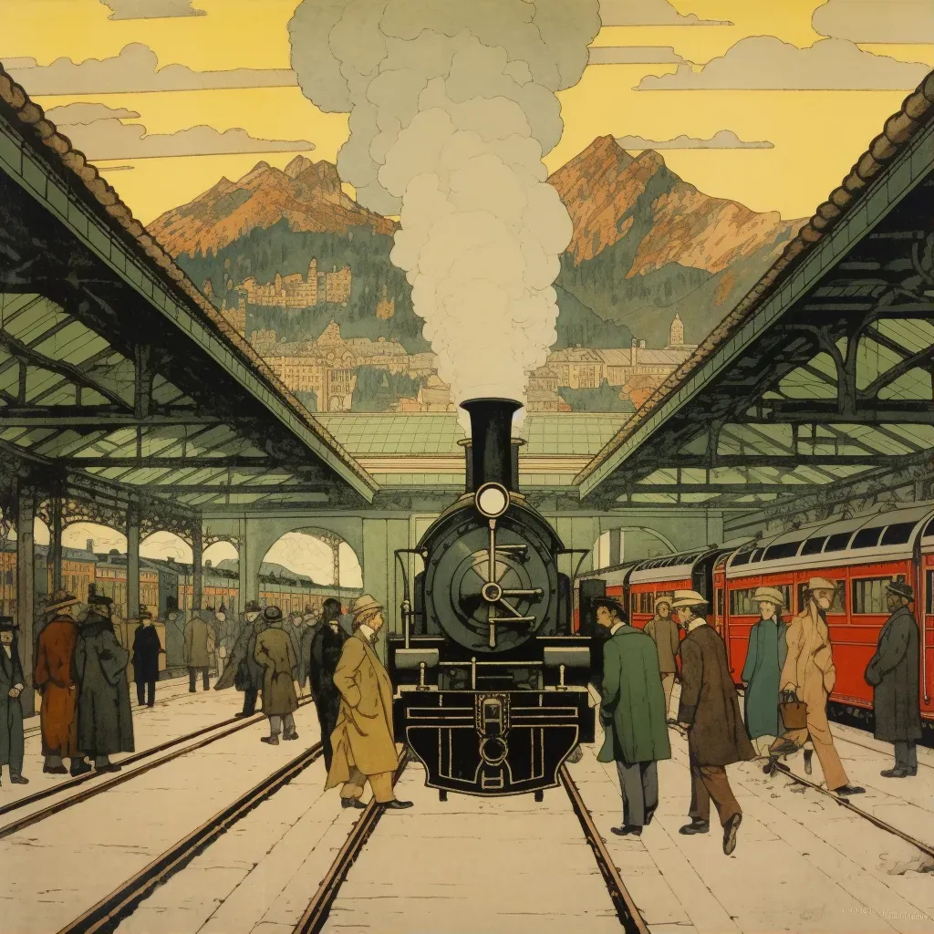 Image of an early 1900s train station with steam engines and elegant passengers - Image 1