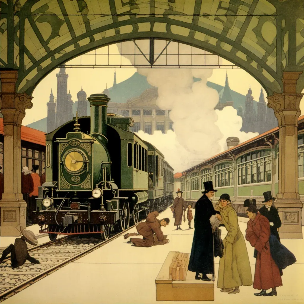 Image of an early 1900s train station with steam engines and elegant passengers - Image 2