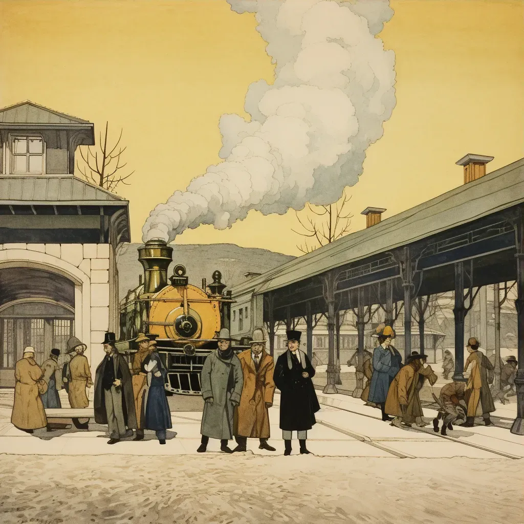 Image of an early 1900s train station with steam engines and elegant passengers - Image 3