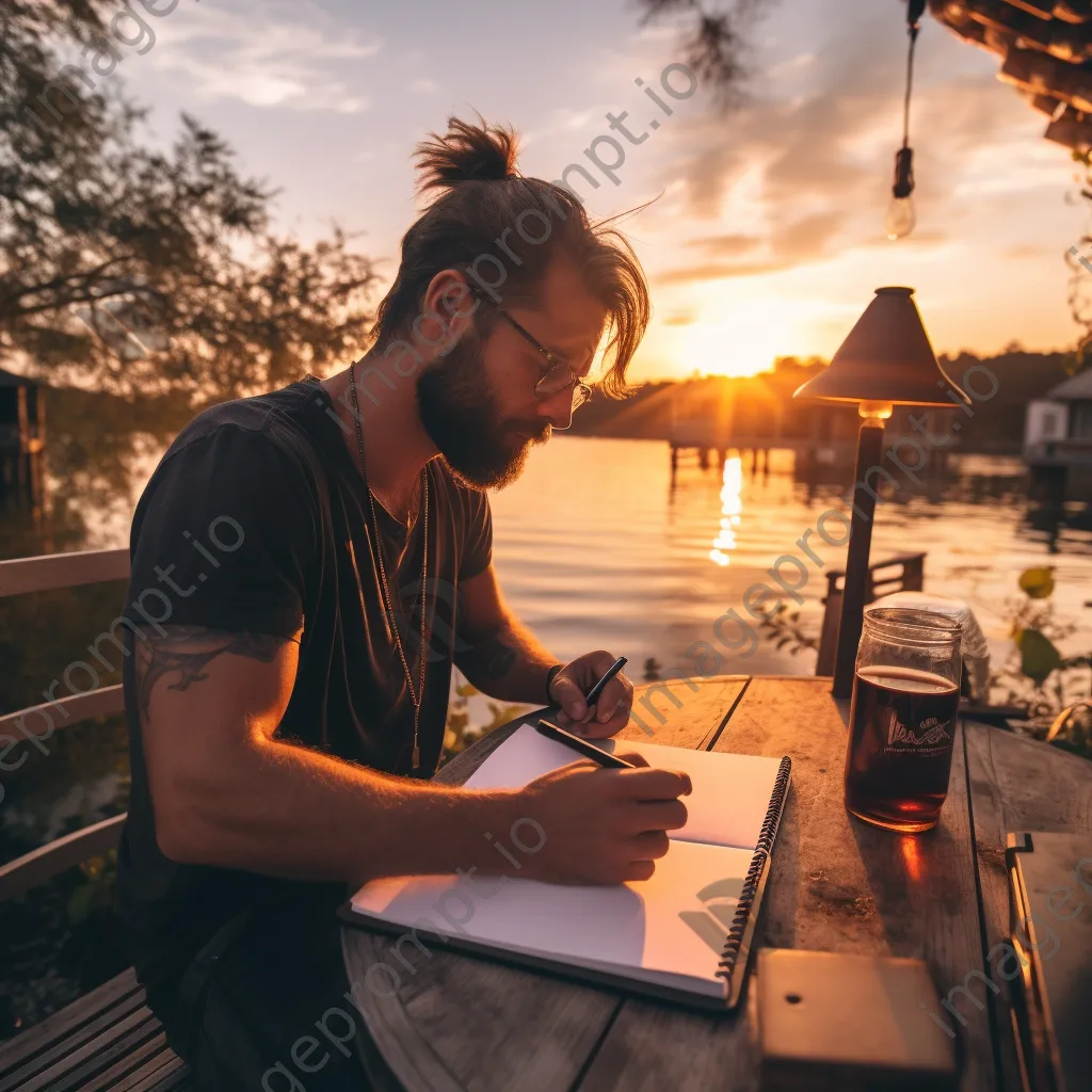 Freelancer sketching travel plans at lakeside - Image 1