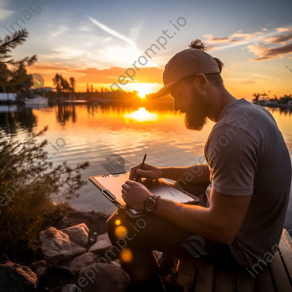 Freelancer sketching travel plans at lakeside - Image 2