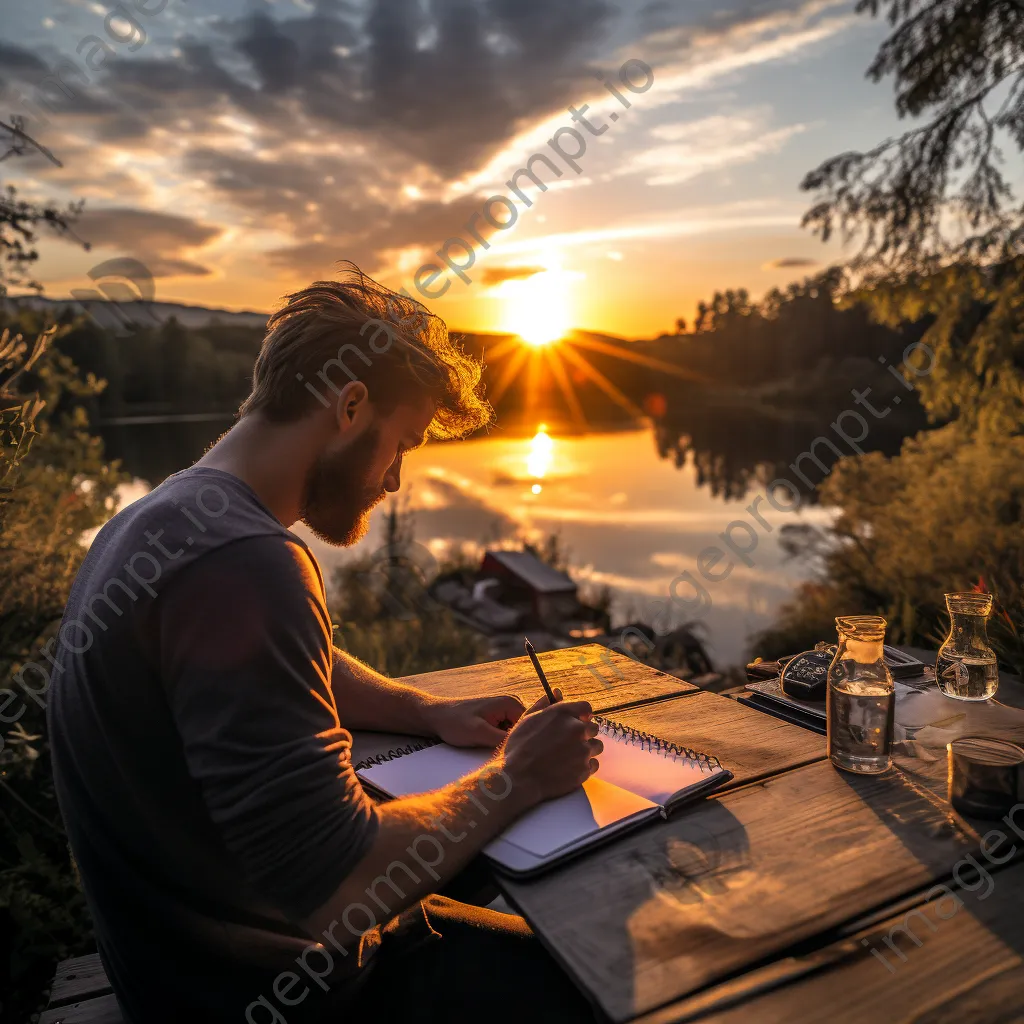 Freelancer sketching travel plans at lakeside - Image 3