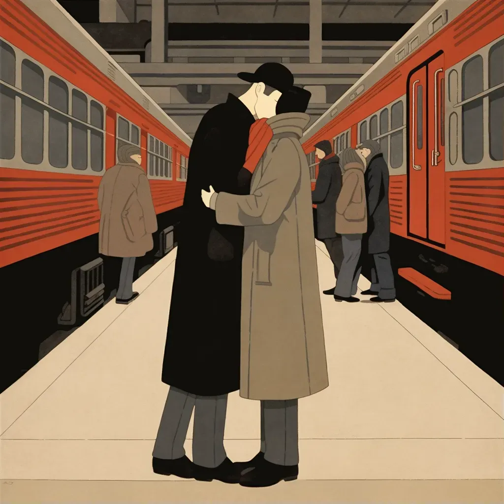 Image of a heartfelt reunion at a train station with embracing figures - Image 1