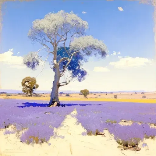 Lavender field under clear blue sky with solitary tree - Image 3