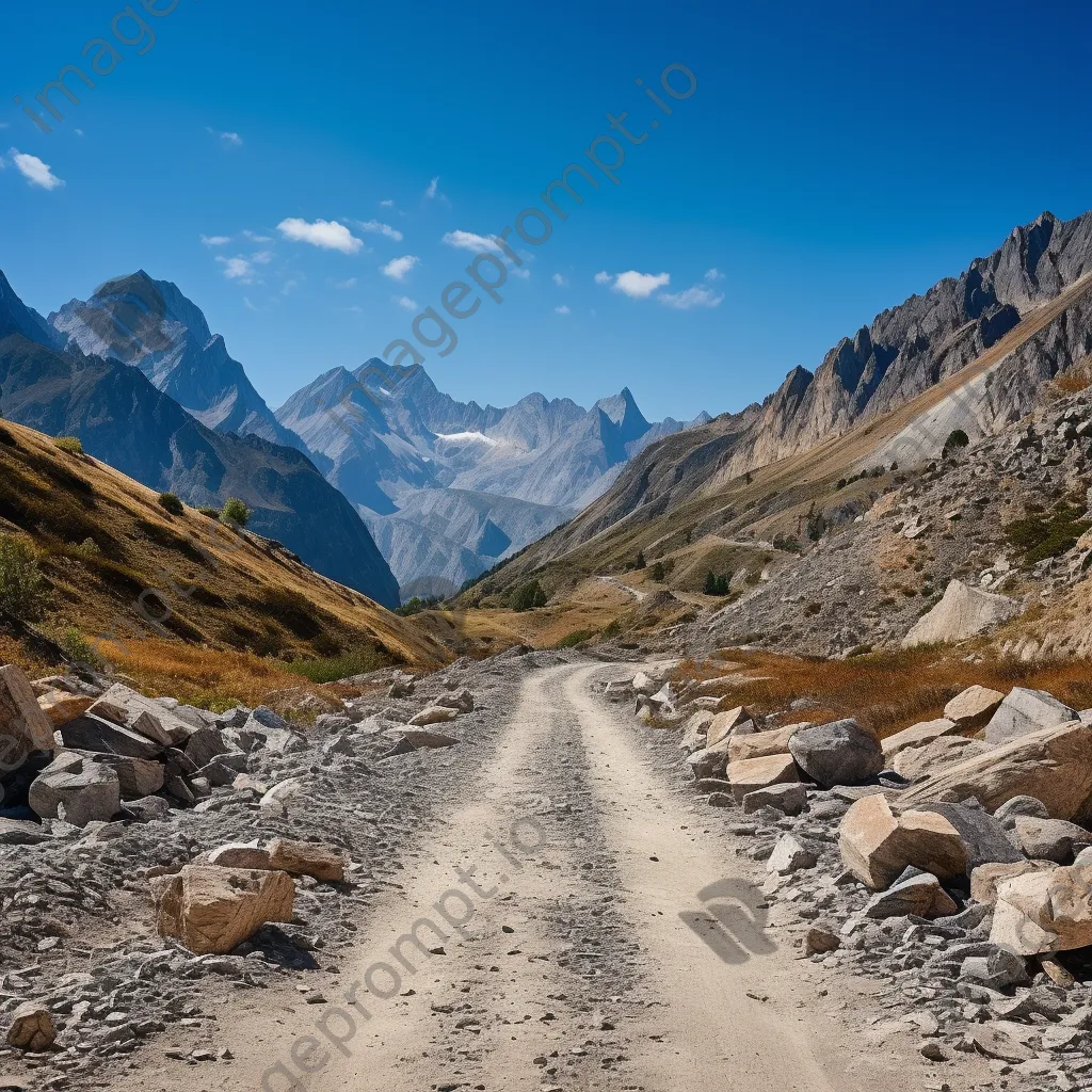 High-altitude mountain pass with gravel road and rock formations - Image 3