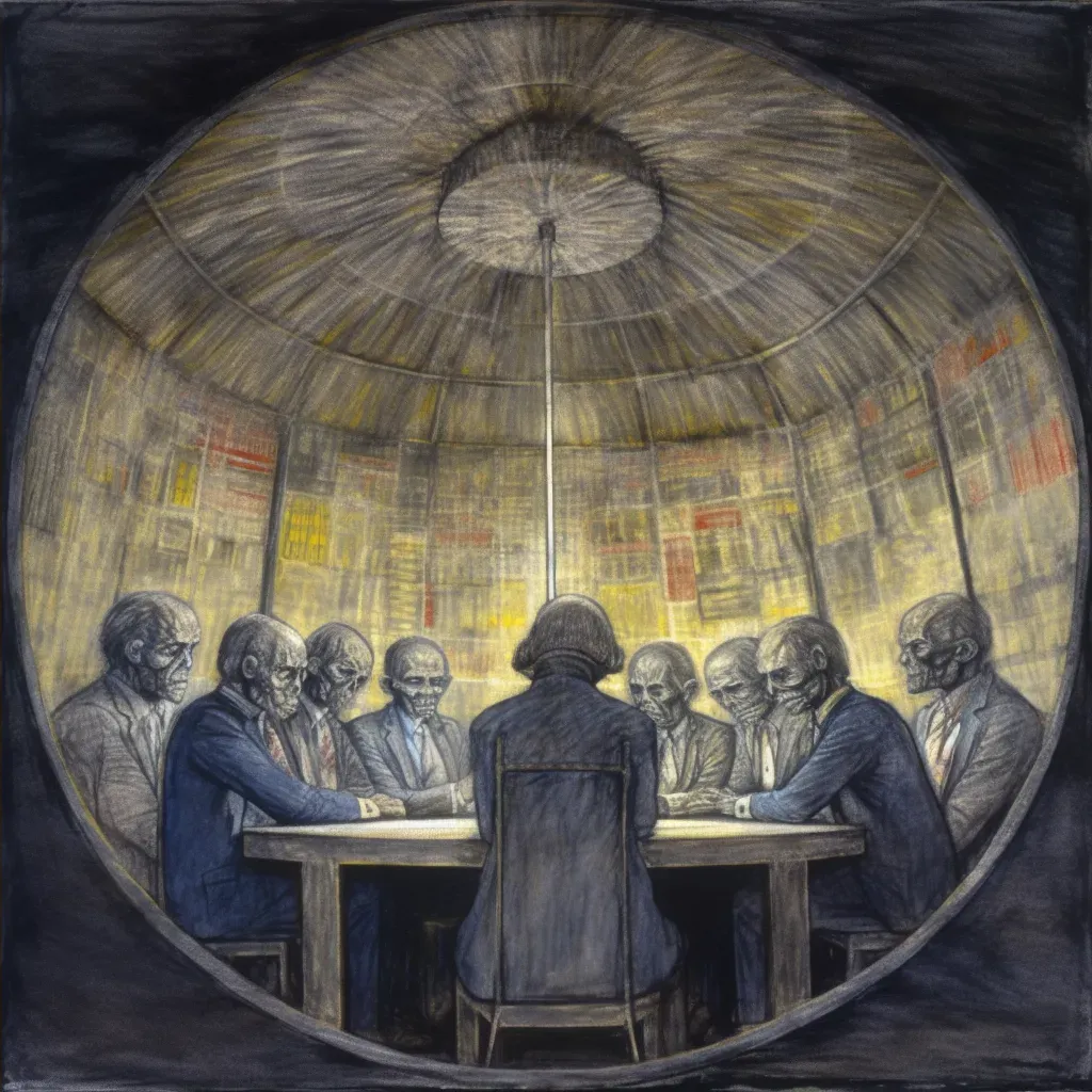 Figures around a circular table in darkness discussing justice under the veil of ignorance in a philosophical image. - Image 2