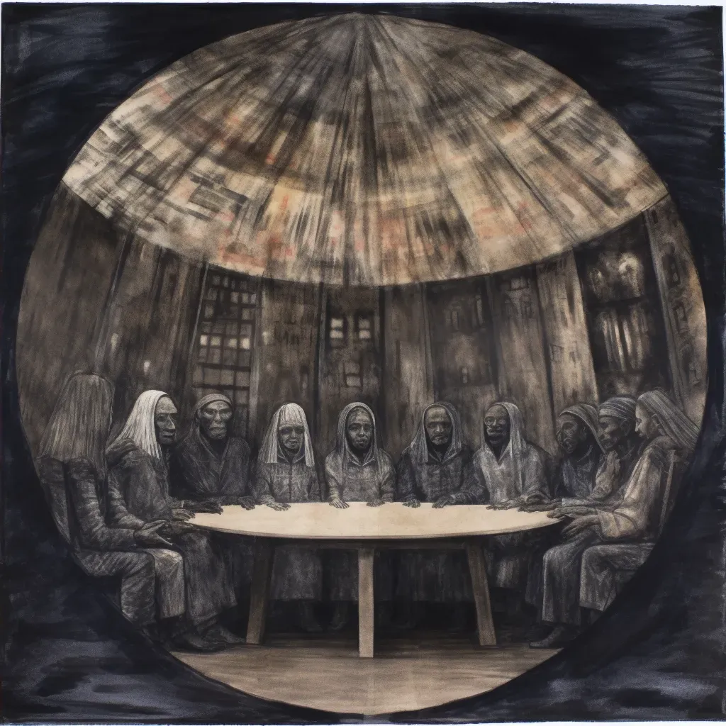 Figures around a circular table in darkness discussing justice under the veil of ignorance in a philosophical image. - Image 4