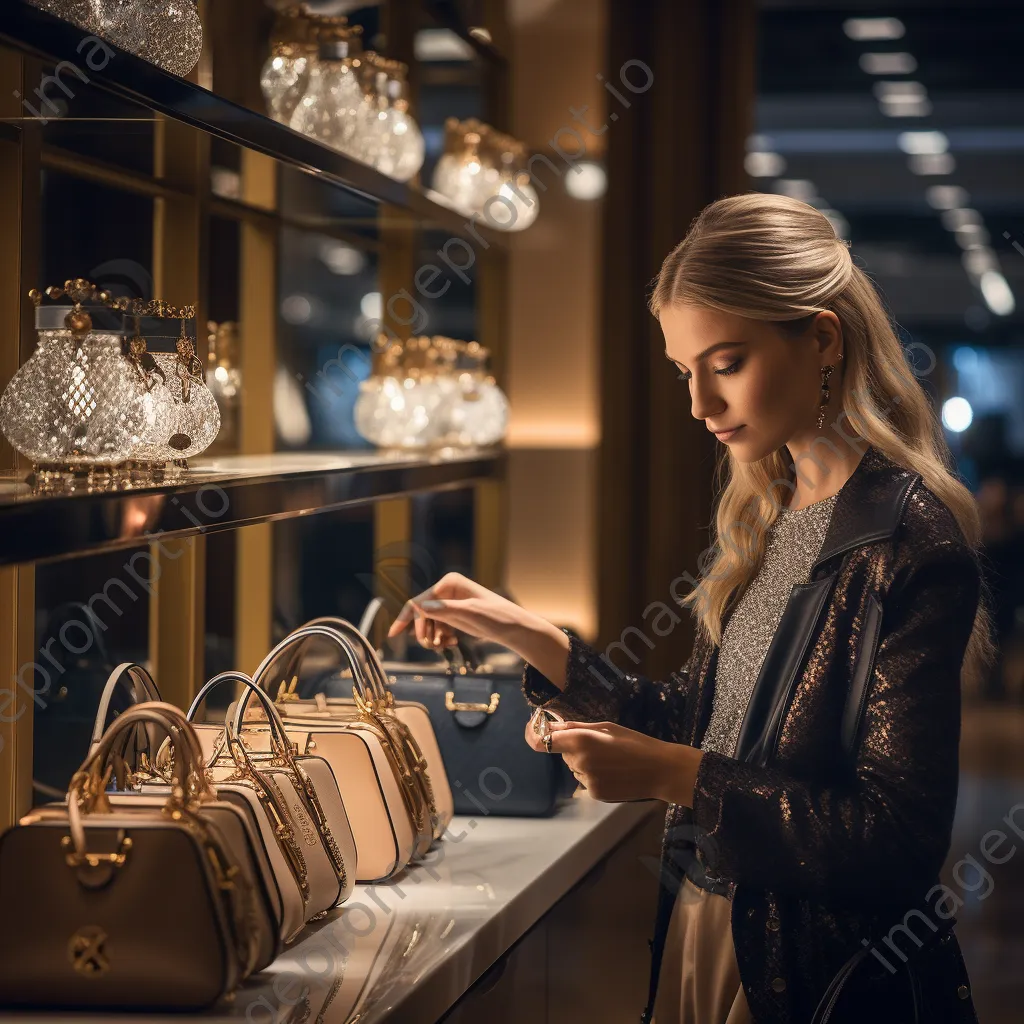 Woman browsing luxury handbags in a designer boutique - Image 1