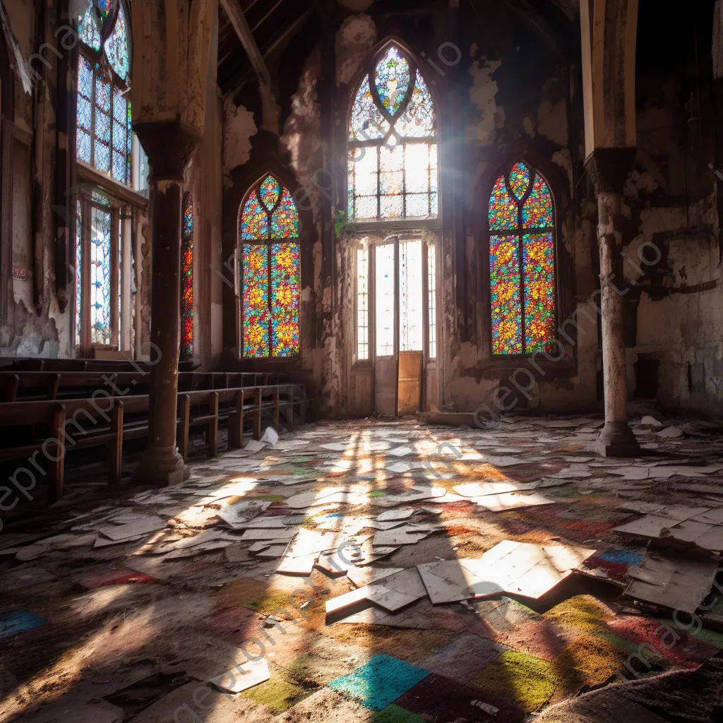 Deserted church interior featuring broken stained glass and dusty pews illuminated by sunlight - Image 1