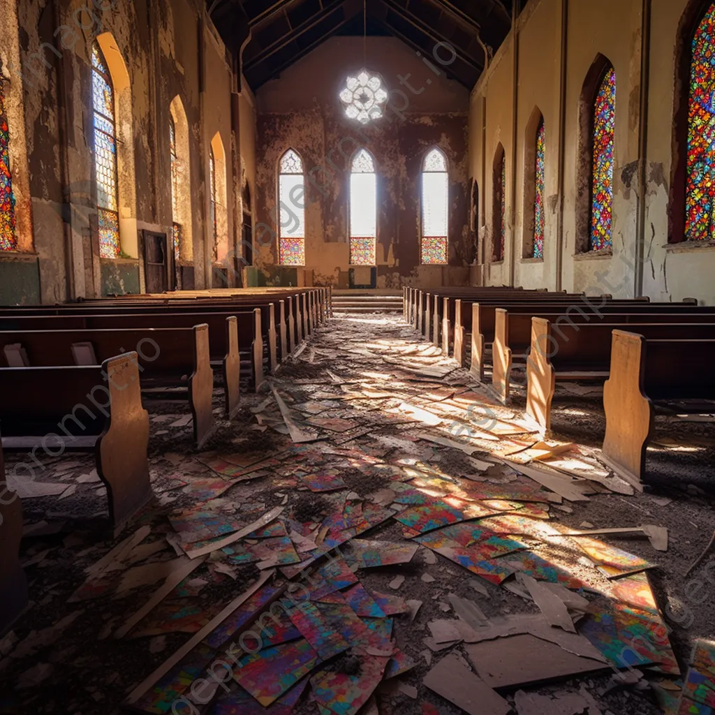 Deserted church interior featuring broken stained glass and dusty pews illuminated by sunlight - Image 2