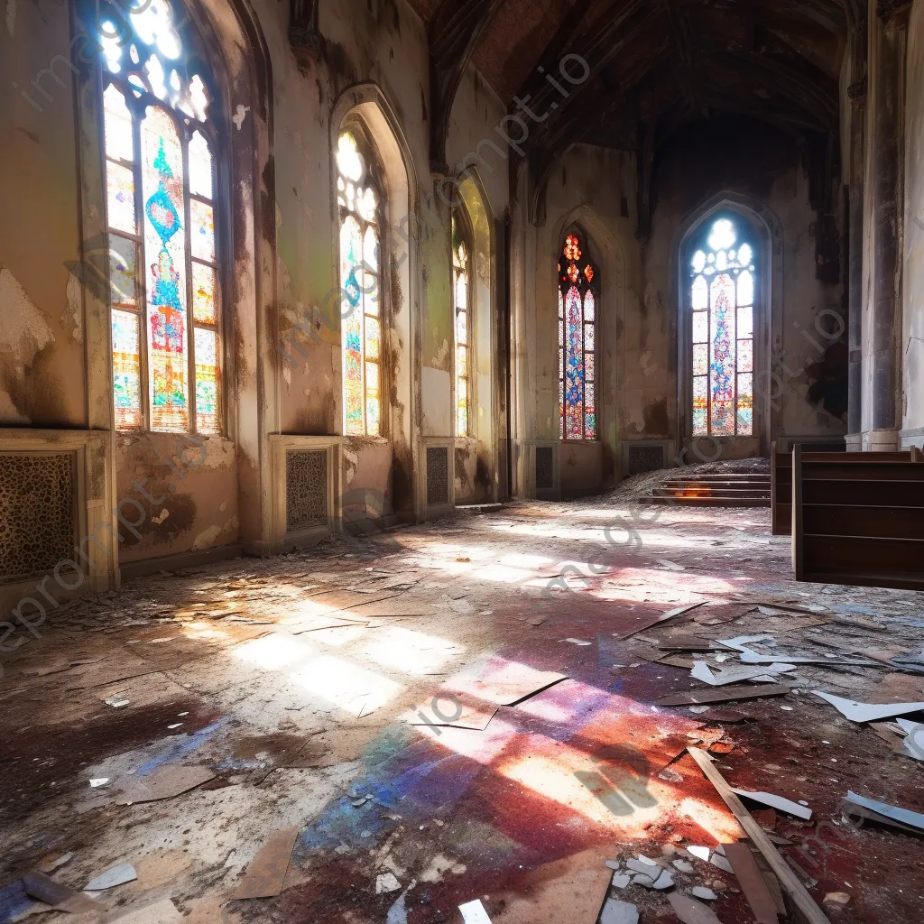 Deserted church interior featuring broken stained glass and dusty pews illuminated by sunlight - Image 3