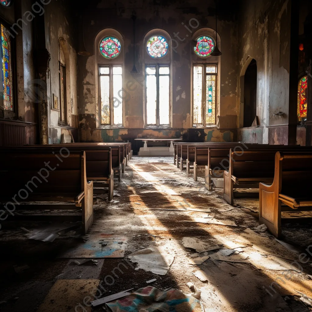 Deserted church interior featuring broken stained glass and dusty pews illuminated by sunlight - Image 4