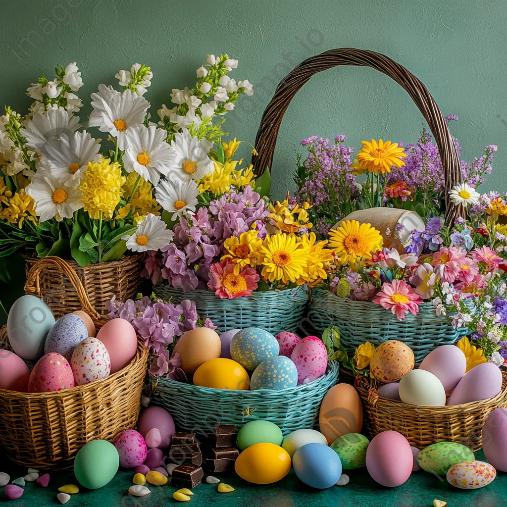 Easter baskets filled with eggs, chocolates, and flowers arranged artistically - Image 1