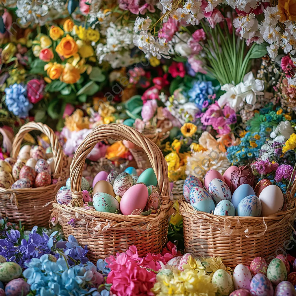 Easter baskets filled with eggs, chocolates, and flowers arranged artistically - Image 3