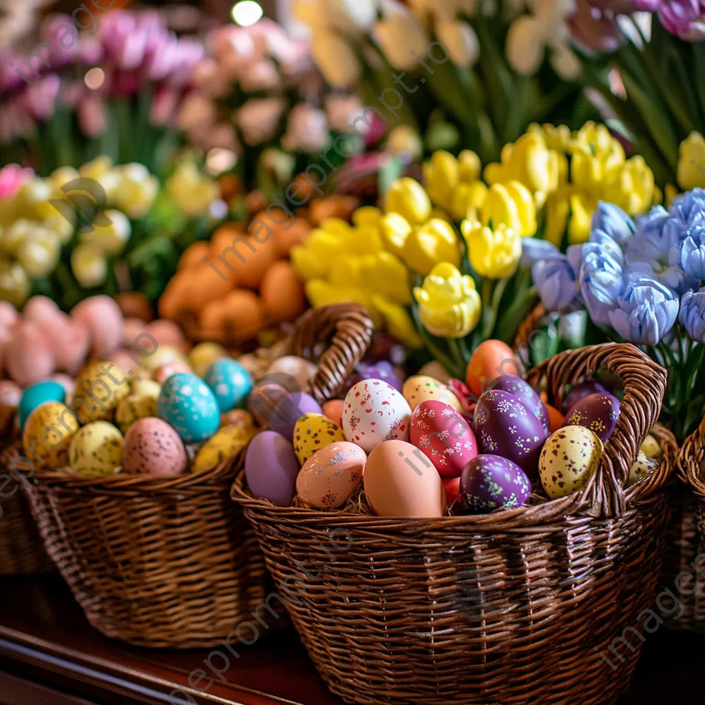 Easter baskets filled with eggs, chocolates, and flowers arranged artistically - Image 4