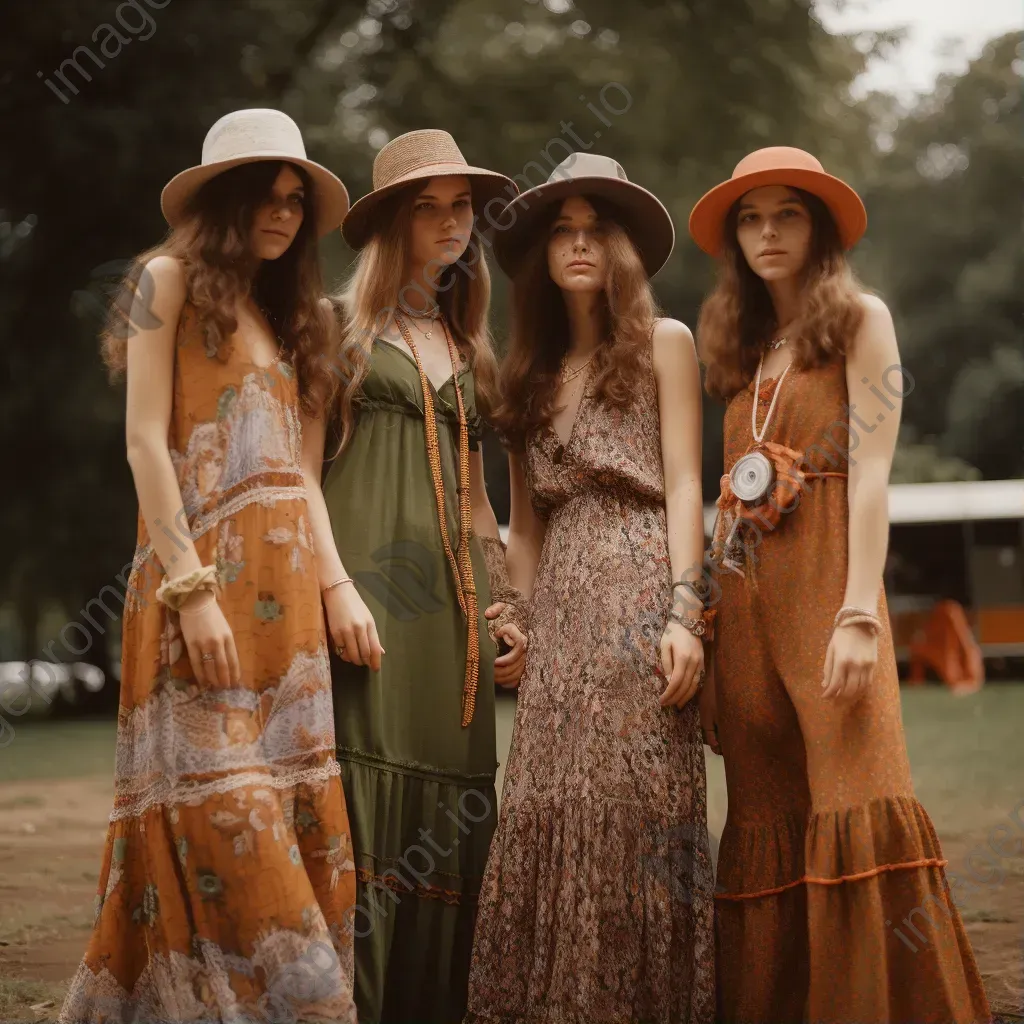 1970s bohemian fashion flowing maxi dresses and floppy hats - Image 1