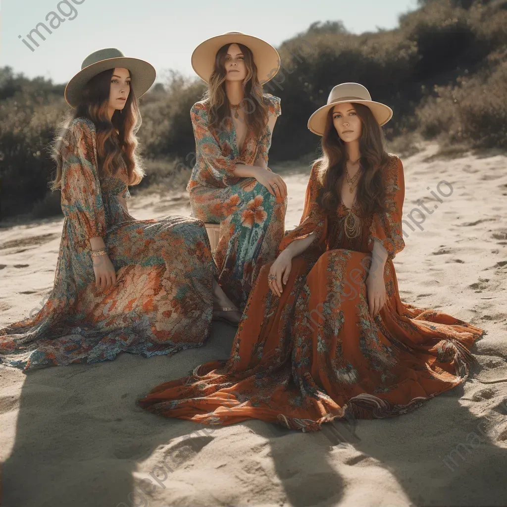 1970s bohemian fashion flowing maxi dresses and floppy hats - Image 2