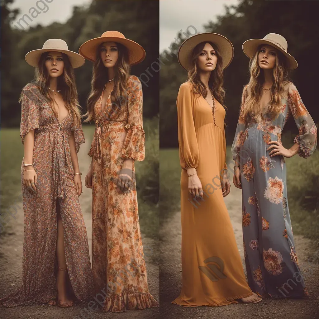 1970s bohemian fashion flowing maxi dresses and floppy hats - Image 4