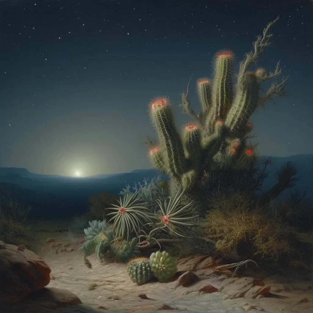 Desert landscape with single cactus under starry night sky - Image 1